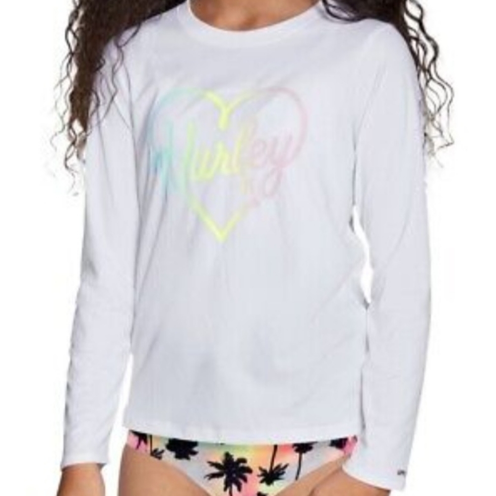 NWT Girl's Hurley White Long Sleeve Rash Guard Swim Shirt Size 5/6